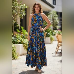 Zara 100% Cotton Halter Maxi Dress Bold Blue Orange Abstract Print Tiered Sz M